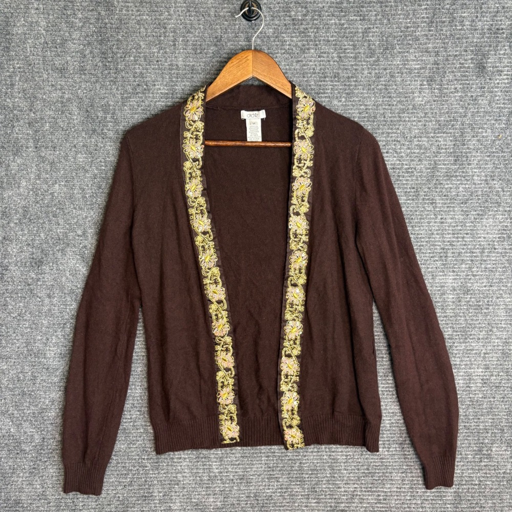 Cache Womens Brown Embroidered Floral Sequin Trim Angora Cashmere Cardigan M